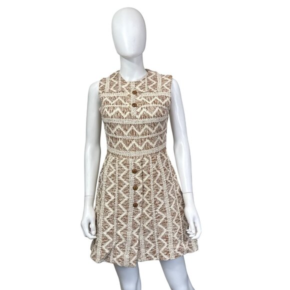 Vintage Sleeveless Button-Up Dress Sz Small Brown & Cream Woven Chevron Pattern - Picture 1 of 5